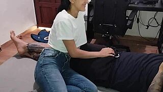 Best friend's wife surprises with deepthroat blowjob while panties drip wet