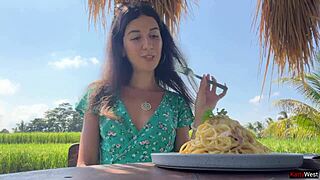 cumwalk in cafe with pasta and sperm dripping on face!