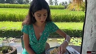 cumwalk in cafe with pasta and sperm dripping on face!