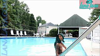 Lana Lava flashes big tits and pussy poolside publicly