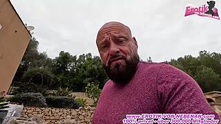 german chubby big tits teen fucked anal outdoors by pool pov