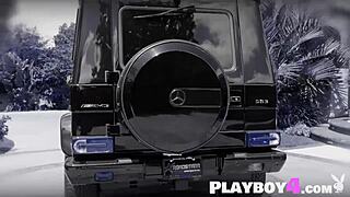 The huge-titted Latina MILF and friends soap up car in lingerie, stripping clothes off seductively.