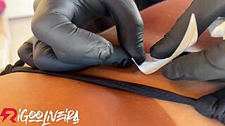 blonde teen pays tattoo with her smooth tight pussy