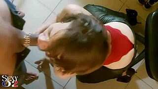 french slut deepthroats rims and fingers ass in red satin green leather heels