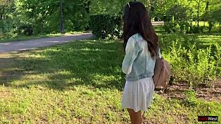 Friend Remotely Controls Petite Teen's Public Orgasm Toy in Miniskirt Forest