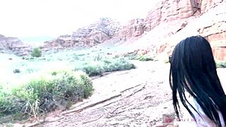 skinny teen with glasses gives deep pov blowjob in scenic canyon