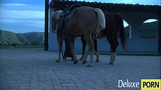 Damn, that cowboy's huge cock owns this hot blonde teen outdoors!