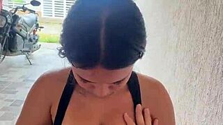 Horny Colombian yanks boyfriend's cock out street blowjob