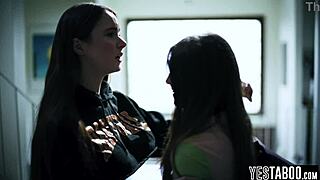 evil brunette tempts petite stepsis gf into hairy pussy licking