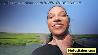 Sexy ebony Eden West rubs clit flashes big natural tits in car for Charles Dera