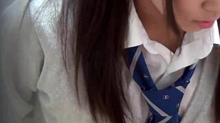 hairy petite asian teen babe in uniform rubs pussy hd