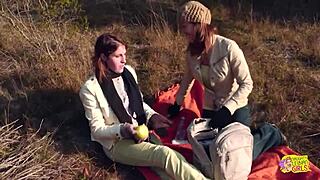 outdoor picnic with brunette friends turns into pussy licking strapon riding and orgasms... oh man!!