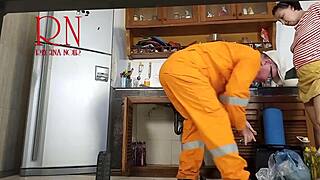 cheating housewife fucks plumber while cuckold husband watches kitchen scene