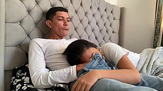 Perverted stepdad rams monster cock into petite mouth until cumshot