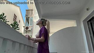 blonde flashing big tits pussy naked balcony tease