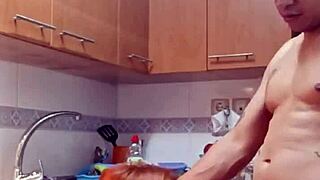 mature milf bent over kitchen counter takes juicy anal creampie