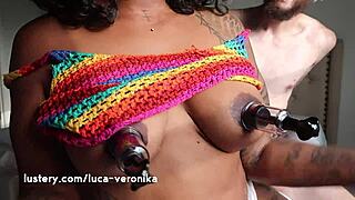 luca and veronika tease nipples with clamps and flogger play