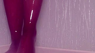 nylon-clad feet tease and soak in the steamy shower
