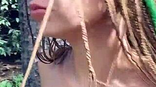 Cute petite babe moans rough during outdoor forest cock ride 💋🌳 Cumshot facial!