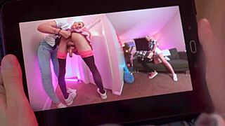 two girlfriends dominate slave guys milking huge cocks bdsm femdom strapon cumshots