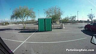 A chubby slut hits the public porta gloryhole to suck and swallow loads outdoors