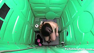 A chubby slut hits the public porta gloryhole to suck and swallow loads outdoors