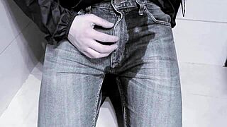 kinda wet mess peeing jeans right in the toilet homemade style