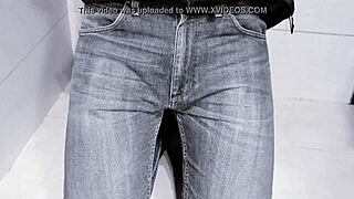 kinda wet mess peeing jeans right in the toilet homemade style