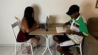 Guy leaves brazilian teen girlfriend studying then friend rams her hard