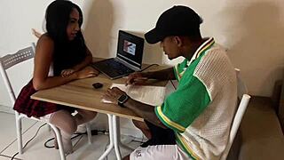 Guy leaves brazilian teen girlfriend studying then friend rams her hard