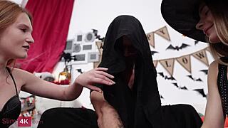 Ffm threesome with anal riding and cumshots makes halloween unforgettable