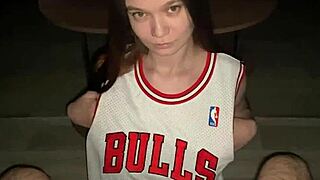 good girl kneels deepthroating stepdad 💦 cums on her big natural tits 😍