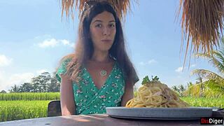 Cum dripping down my face while I slurp pasta publicly