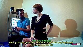 Brunette step cousin poses in sexy red lingerie then sucks cock and takes wet pussy pounding