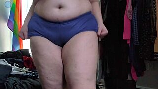 Chubby neighbor teases in ripped leggings and packer on camera bed