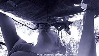 Outdoor Deepthroat Blowjob on Bluee's Monster Cock Cumshot!