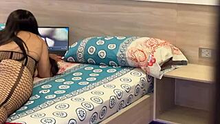 caught stepmom watching porn on bed made her suck my dick to cool off