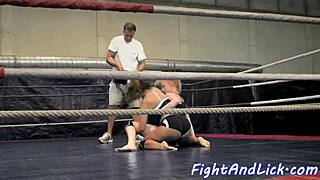 Buff babes catfight wrestling clothes intact in boxing ring