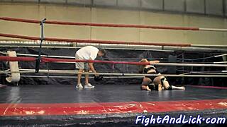 Buff babes catfight wrestling clothes intact in boxing ring
