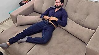 man comes home from work strips and jerks massive cock for neighbor