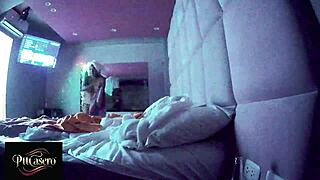 hidden cam spies hotel shower as couple flashes tits naked