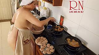 Naked housewife Regina cooks nude in kitchen as horny maid?