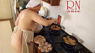 Naked housewife Regina cooks nude in kitchen as horny maid?