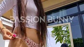 help this cute neighbor pick sexy panties outdoors?