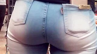 Brunette's juicy ass shakes in tight jeans at the market