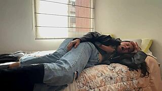 Two Slutty Lesbians Scissor Lick Pussies In Leather Boots Coats!