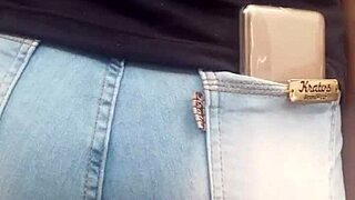 Brunette's juicy ass shakes in tight jeans at the market