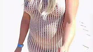 blonde slut flashes big tits in see-through dress public outdoor