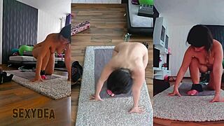 curvy latina milf strips naked shakes big ass gym workout triple cam