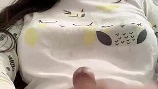 shemale clamps hair on cock while stroking